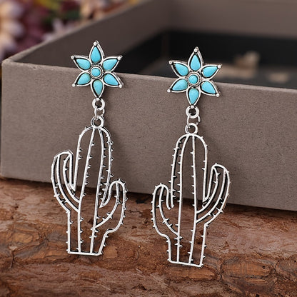 Hollow Cactus Flower Design Turquoise Inlaid Drop Earrings Vintage Western Silver Plated Jewelry Holiday Earrings