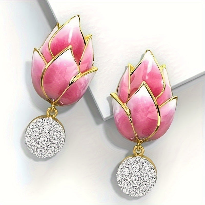 Ladies Elegant Flower Stud Earrings - Synthetic Zirconia Pendant, Nickel Copper, Enamel Pink Lotus Design, April Birthstone, Valentine's Day Gift, Perfect for Everyday and Party Occasions - A Pair