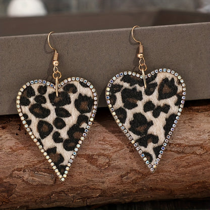 Heart-shaped flocked leopard print shiny Zirconia decorative pendant earrings, simple and sexy style, western festival earrings