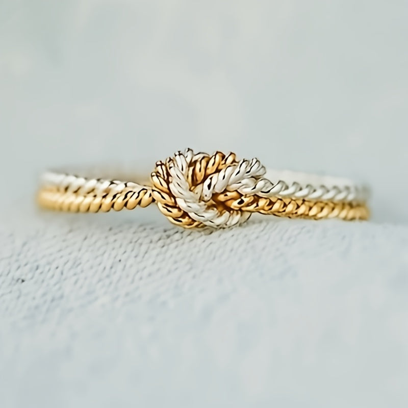 Elegant ladies two-tone knot ring, 1 piece minimalist rope style promising band, fashion accessory for everyday and casual parties