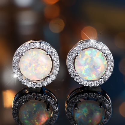 A pair of elegant white and blue opal round earrings with cubic zirconia halo - perfect for weddings, parties and Valentine's Day gifts, party accessories | occasions | zirconia decoration