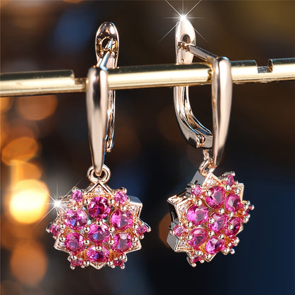 Ladies Elegant Vintage Sunflower Pendant Earrings - Luxury Copper with Cubic Zirconia for Weddings and Parties