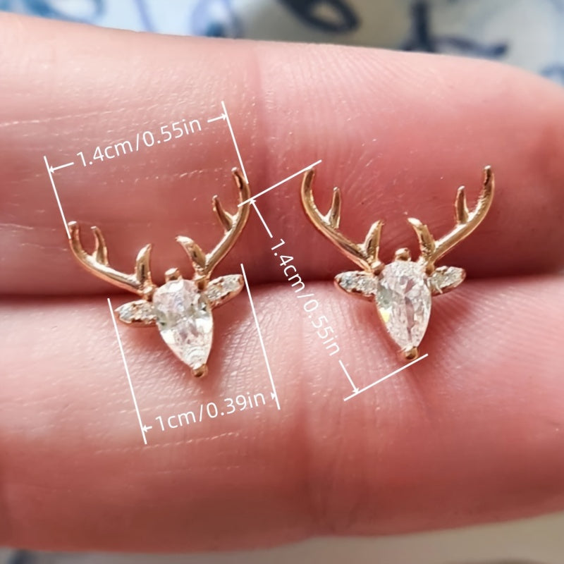 Cute deer head design stud earrings, copper jewelry, zircon inlaid, stylish and simple style, women's Christmas earrings.