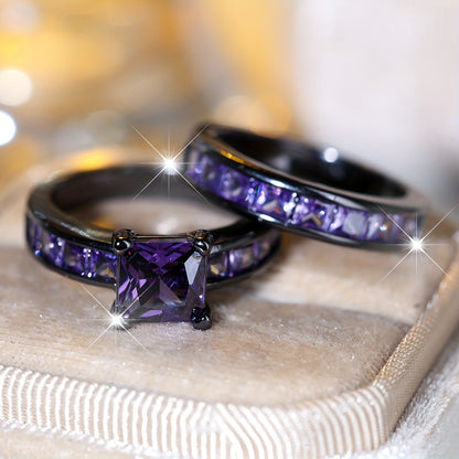 2Pcs Personalized Fashion Halloween Dark Wind Double Ring Women's Inlay Powder Synthetic Zircon Black Gold Plated Ring Accessories