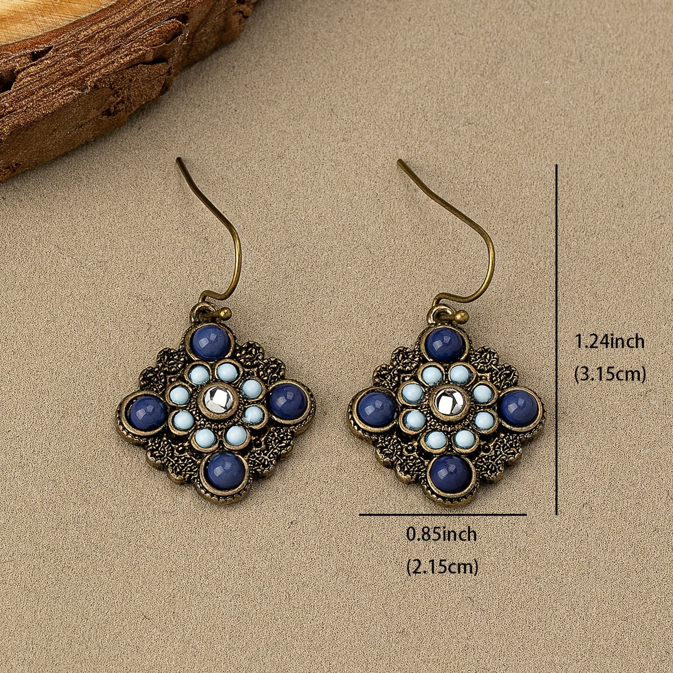 Blue patterned square pendant earrings