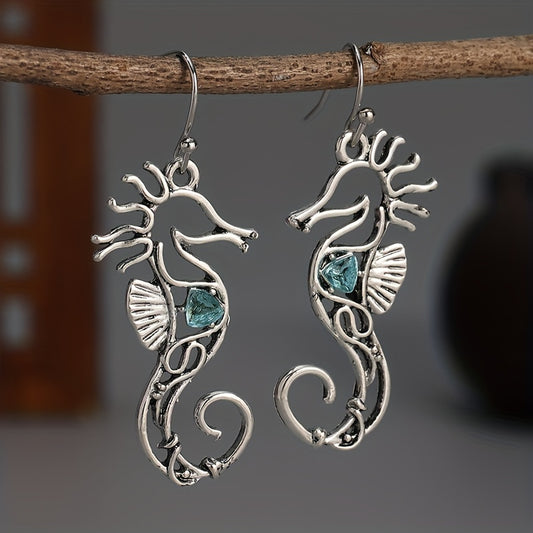 Ocean Blue Stone Hook Drop Earrings with Seahorse Animal Vintage Metal Design Ladies