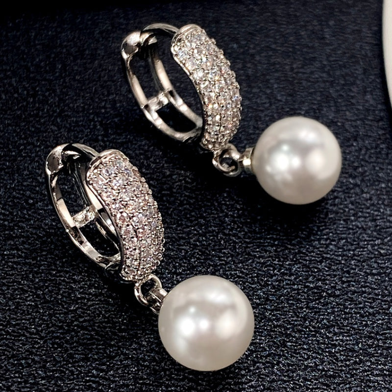 Vintage Elegant Freshwater Pearl Earrings 925 Silver Plated Zircon Earrings, Ladies Romantic Wedding Bridal Jewelry