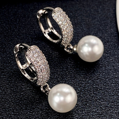 Vintage Elegant Freshwater Pearl Earrings 925 Silver Plated Zircon Earrings, Ladies Romantic Wedding Bridal Jewelry