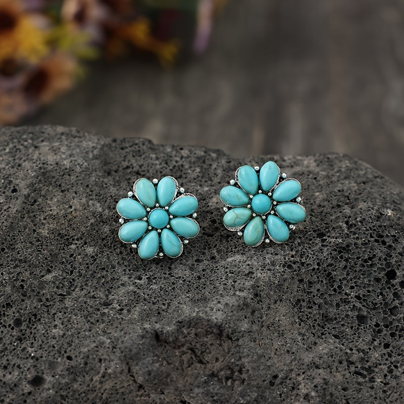 A new pair of retro bohemian flower inlaid synthetic turquoise earrings