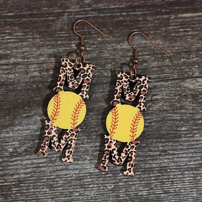 1 pair of Bohemian style elegant wooden MOM letter hanging earrings, leopard print and sports ball design, iron pillar, perfect for daily wear and Mother's Day celebration, four seasons accessories, quirky earrings