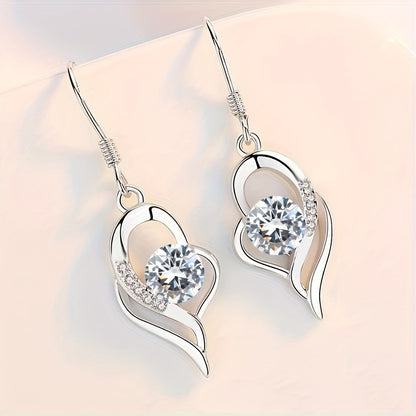 1 pair, elegant and classic style, silver irregular heart-shaped pendant earrings, inlaid with shiny colored round zircon, suitable for women, fashionable and exquisite daily wear accessories