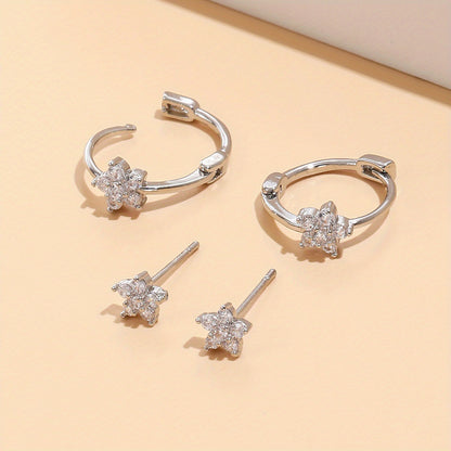 4 elegant, cute and simple flower stud earrings set, copper alloy with artificial diamonds, suitable for daily and party wear, suitable for Valentine's Day gifts, suitable for all seasons