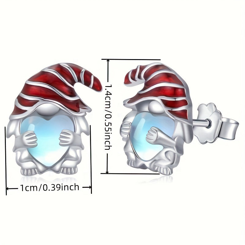 Ladies Lovely Heart Shaped Christmas Gnome Earrings - Synthetic Moonstone, Copper Sticker, Nickel Free, Everyday & Party Wear, June Birthstone, Christmas Holiday Gift Jewelry