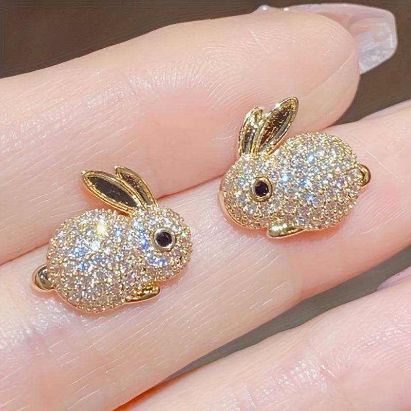 Cute Rabbit Stud Earrings, Copper Jewelry, Small Zirconia Inlay, Fashionable and Casual Style, Women's Daily Dating Earrings
