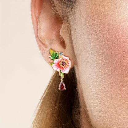 Exquisite floral-set synthetic ruby pendant earrings for ladies' vacation parties and everyday casual accessories