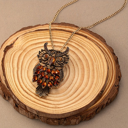 Bohemian Elegant Vintage Owl Pendant Necklace with Amber Gemstone - Bohemian, Gold Zinc Alloy for Everyday Wear and Vacation