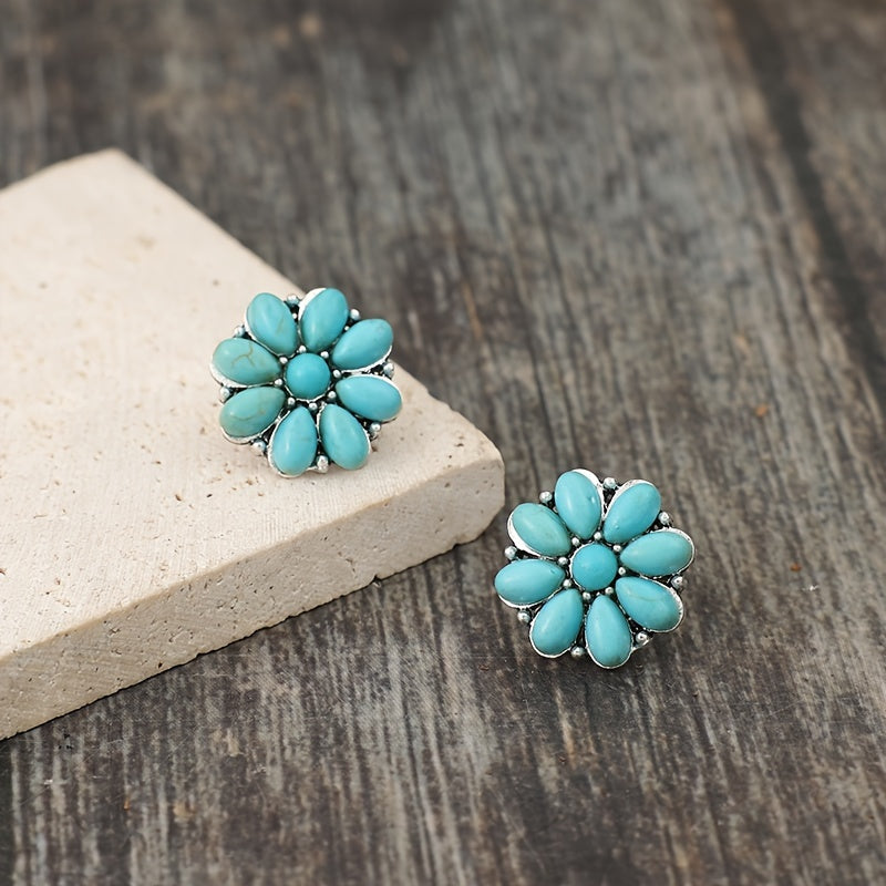 A new pair of retro bohemian flower inlaid synthetic turquoise earrings