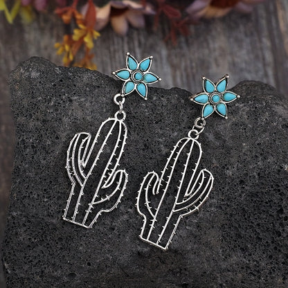 Hollow Cactus Flower Design Turquoise Inlaid Drop Earrings Vintage Western Silver Plated Jewelry Holiday Earrings