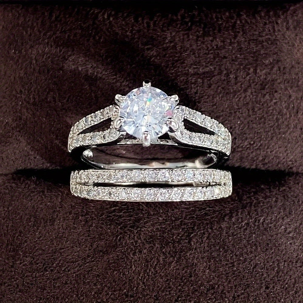 Ladies' wedding rings 2 pieces/set, silver 6-claw inlaid 2 pieces CZ side micro-inlaid engagement ring (no box)