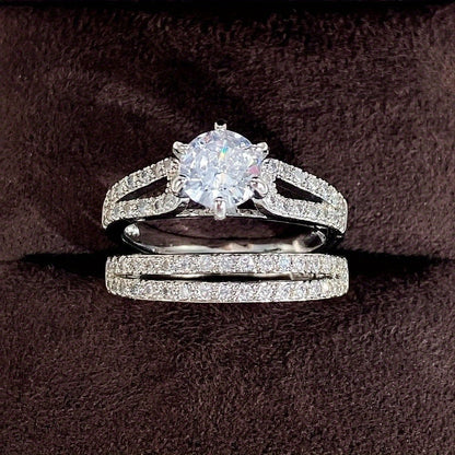 Ladies' wedding rings 2 pieces/set, silver 6-claw inlaid 2 pieces CZ side micro-inlaid engagement ring (no box)