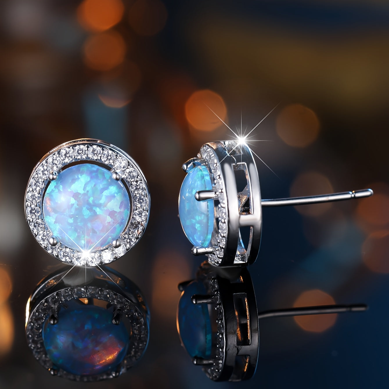 A pair of elegant white and blue opal round earrings with cubic zirconia halo - perfect for weddings, parties and Valentine's Day gifts, party accessories | occasions | zirconia decoration
