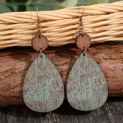 Retro drop-shaped faux-old wood grain pendant earrings, retro bohemian style fashion holiday earrings
