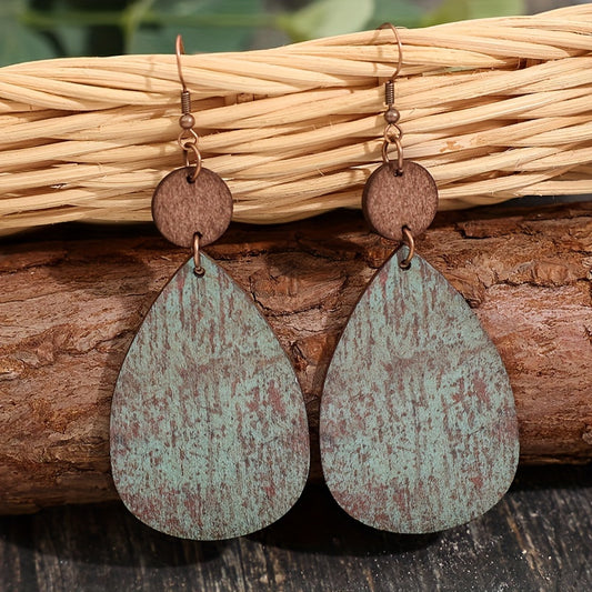 Retro drop-shaped faux-old wood grain pendant earrings, retro bohemian style fashion holiday earrings