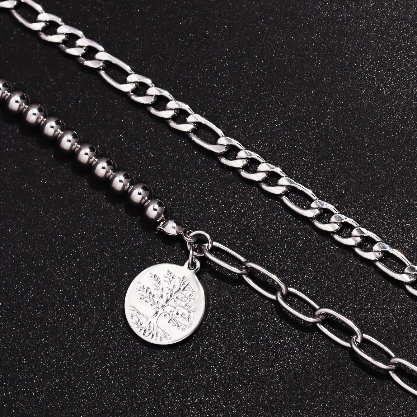 Two Punk Style Tree of Life Copper Pendant Stainless Steel Chain Men's Bracelet Set for Party, Casual, Holiday and Travel Accessories