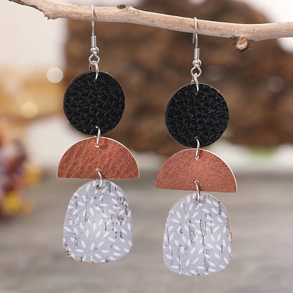 Vintage Round Semicircular Stitching Polka Polka Dot Drop Earrings Vintage Elegant Style PU Leather Jewelry Fashion Women's Gifts Autumn and Winter Earrings