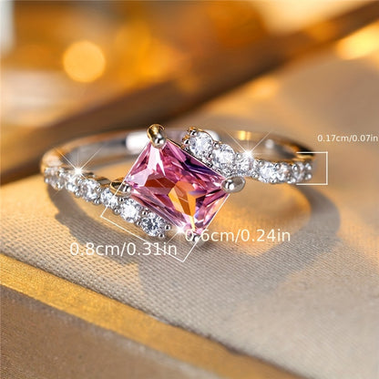 Cute Ladies Pink Square Synthetic Zircon Ring Exquisite Luxury Wedding Jewelry