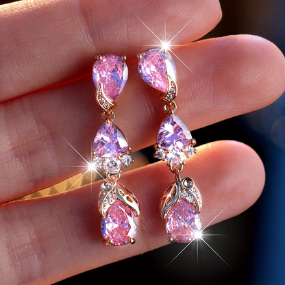 Pink sparkling Zirconia long fringed earrings, elegant luxury style, copper jewelry banquet wedding accessories