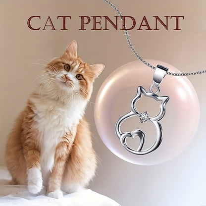 Cute kitten holding round Zirconia pendant necklace, stylish with a loving tail design, girl animal necklace, birthday gift, party and casual wear accessories