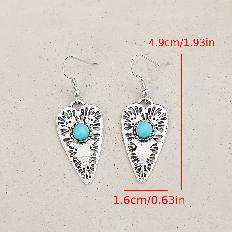 Retro heart-shaped silver-plated pendant earrings with turquoise and engraved fireworks pattern, alloy structure, iron earrings, suitable for daily wear