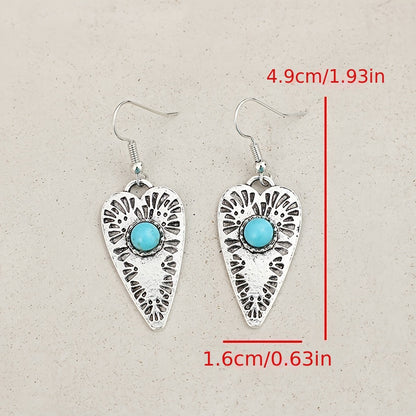 Retro heart-shaped silver-plated pendant earrings with turquoise and engraved fireworks pattern, alloy structure, iron earrings, suitable for daily wear