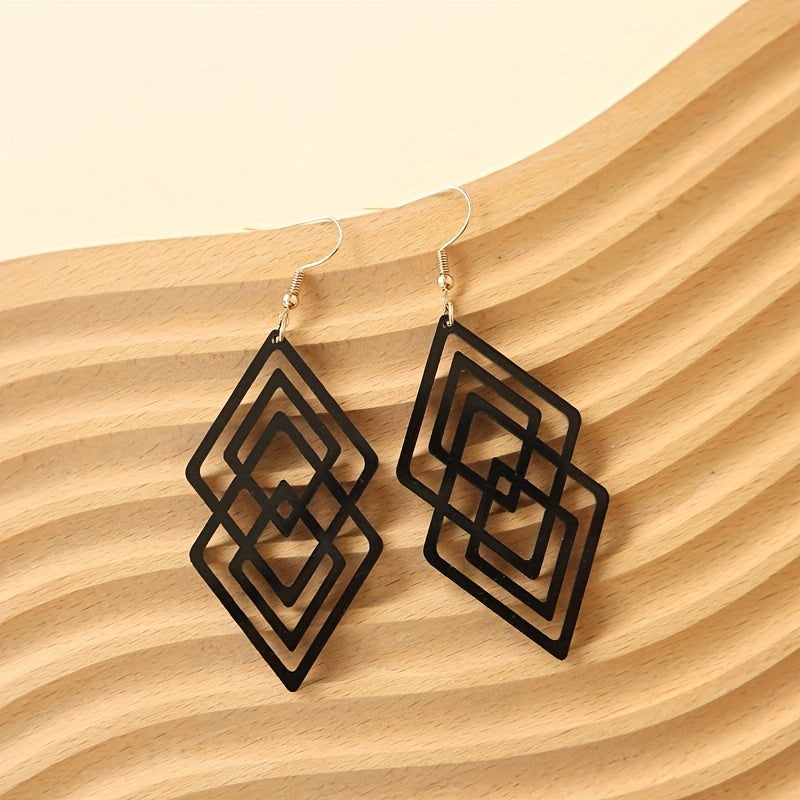 Hollow rhombus design black pendant earrings retro minimalist style acrylic jewelry fashion women's gift