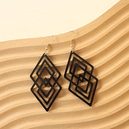 Hollow rhombus design black pendant earrings retro minimalist style acrylic jewelry fashion women's gift