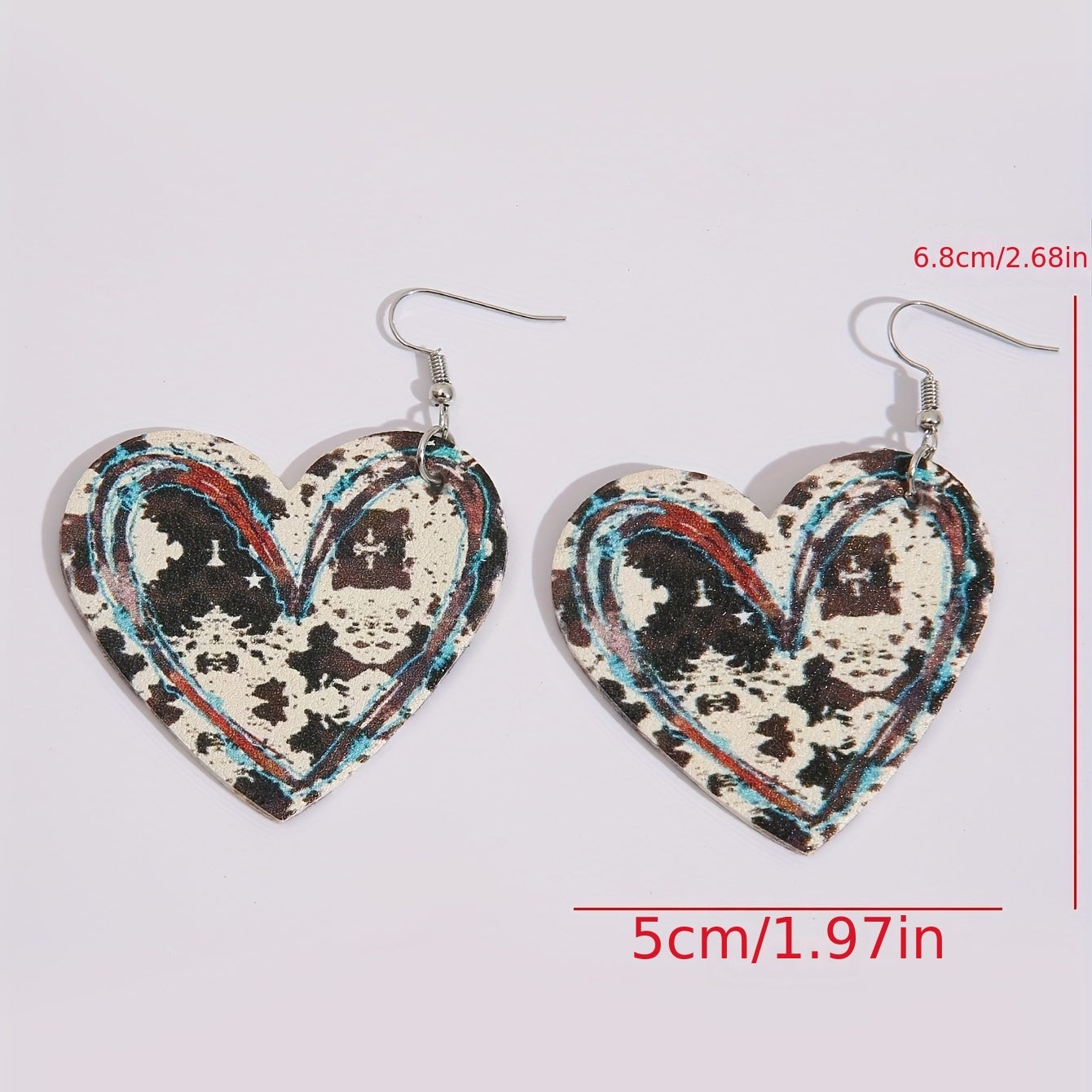 Vintage Heart-Shaped Cow Pattern Pendant Earrings Vintage Western PU Leather Jewelry Fashion Holiday Earrings