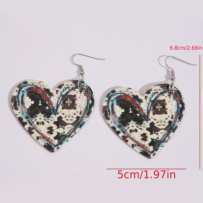 Vintage Heart-Shaped Cow Pattern Pendant Earrings Vintage Western PU Leather Jewelry Fashion Holiday Earrings