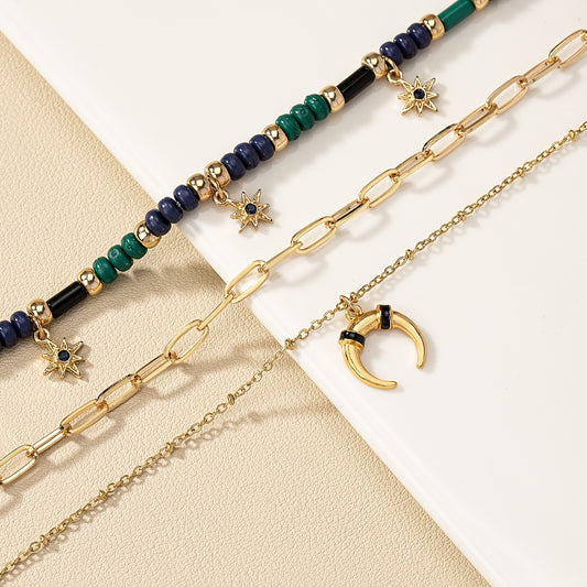 Vintage Bohemian Wind Beaded Horns Star Moon Triple Necklace Ramadan Eid al-Fitr