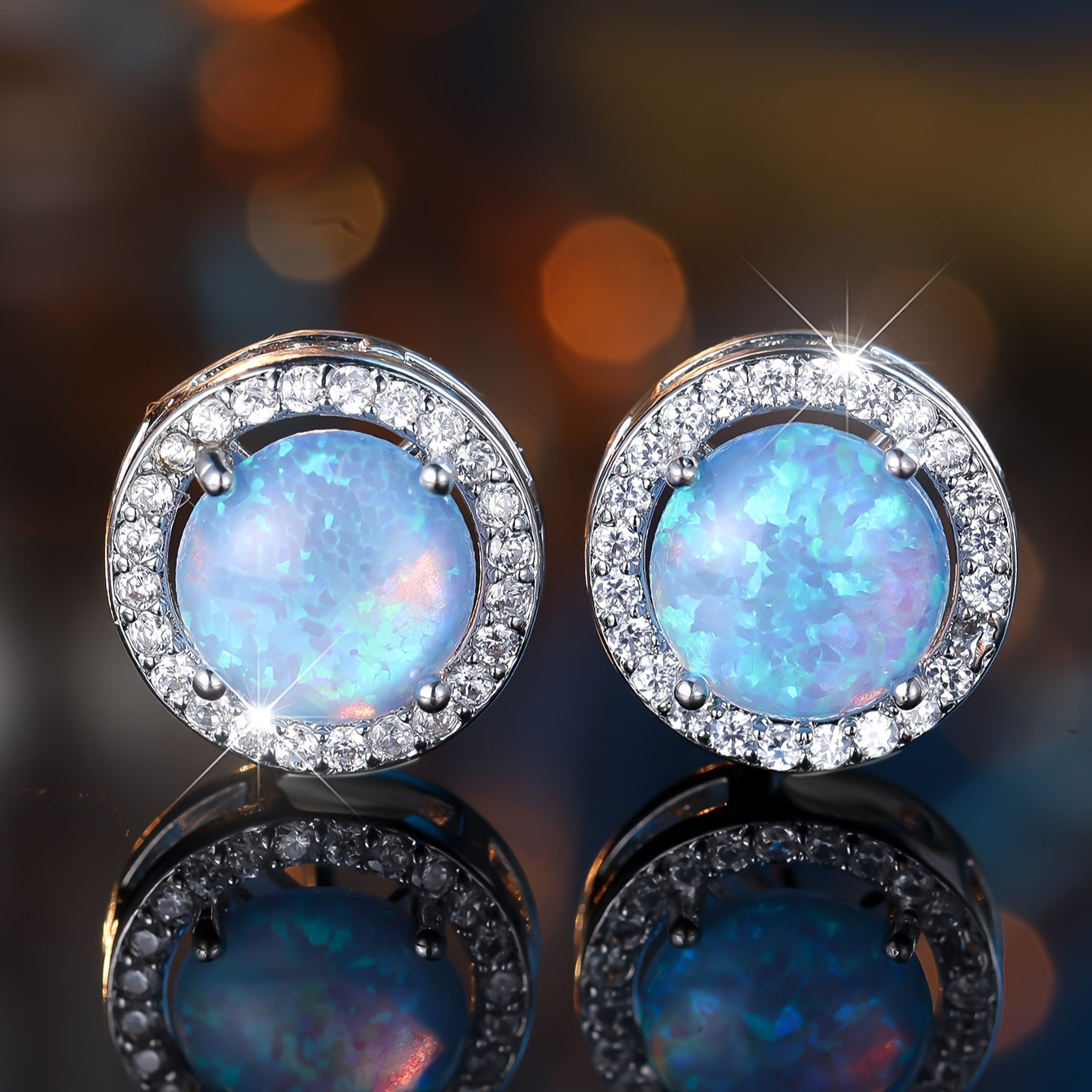 A pair of elegant white and blue opal round earrings with cubic zirconia halo - perfect for weddings, parties and Valentine's Day gifts, party accessories | occasions | zirconia decoration