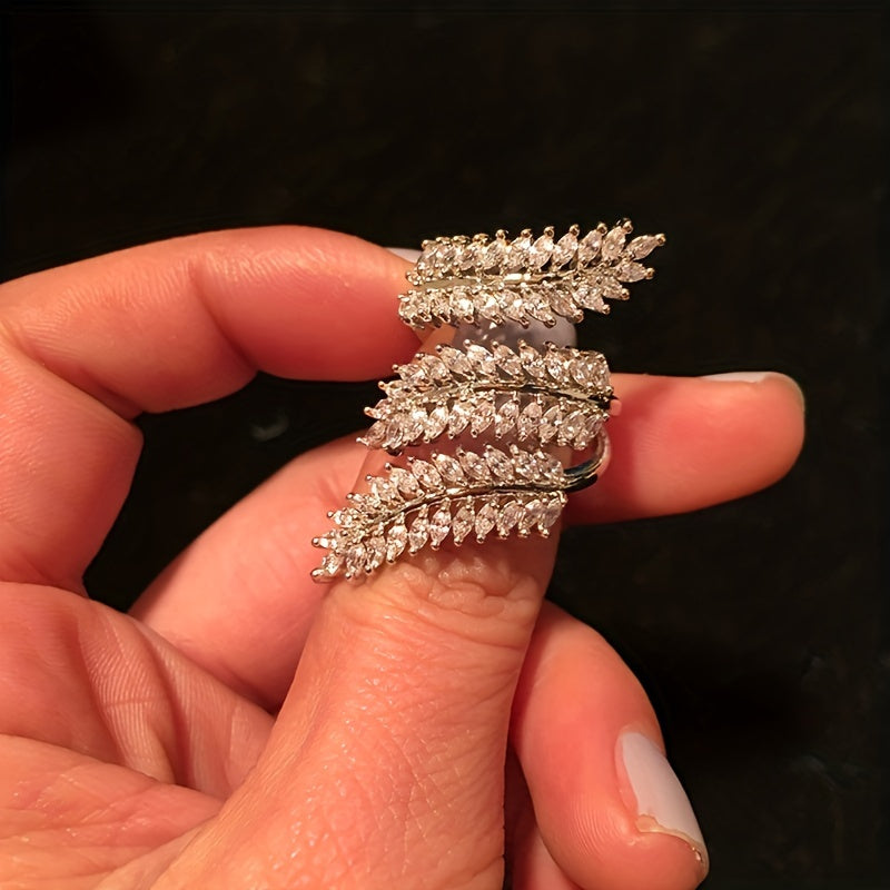 Luxury personality open adjustable olive branch ring inlaid with shiny Zirconia, Women's daily wear party and banquet accessories