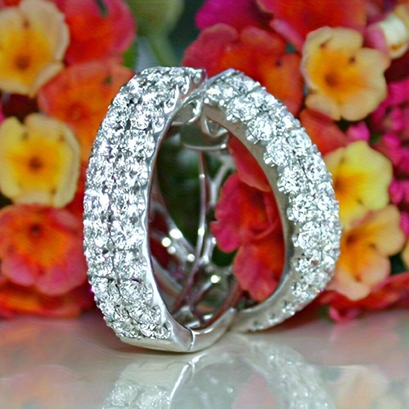 Ladies' Elegant Double Row Zirconia Round Earrings - Nickel-Free Copper, Perfect for Casual Attire and Parties