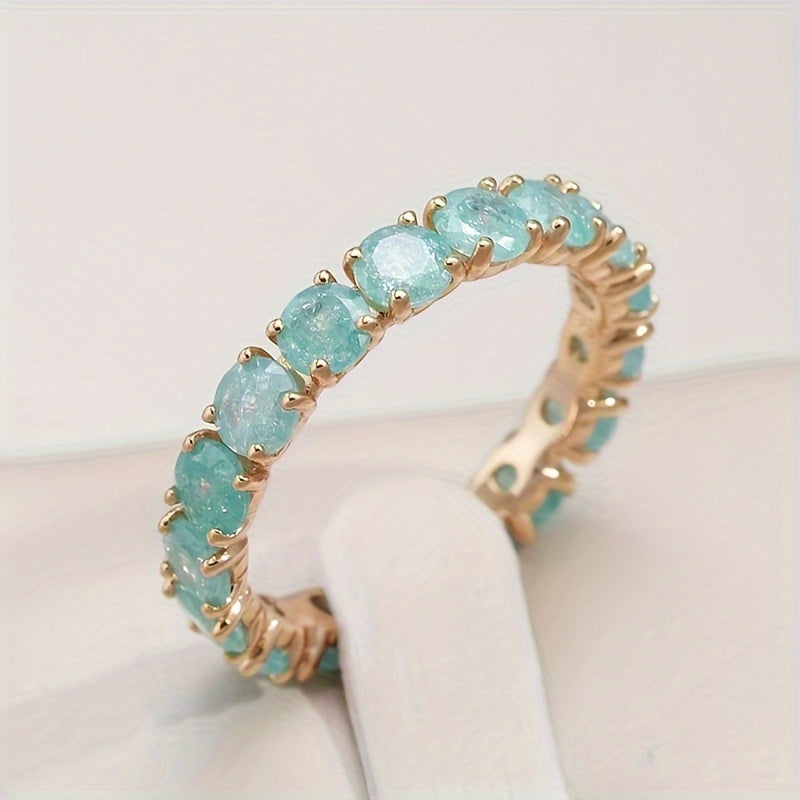 1 luxury copper ring with synthetic blue-green-pink ice diamonds, mixed-color college-themed wedding ring, commitment ring jewelry, suitable for women, Valentine's Day gift.
