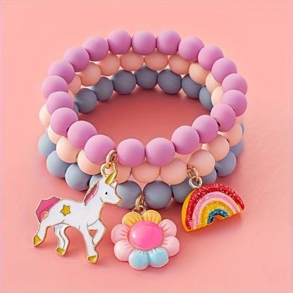 3Pcs Cute Unicorn, Sunflower, Rainbow Charm Beaded Unicorn Sunflower Rainbow Bracelet Set