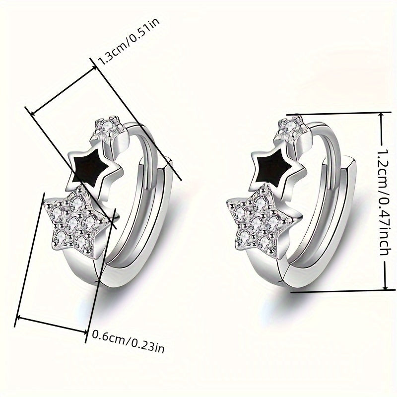 Fashion 925 Silver Plated Zirconia Black Enamel Star Ring Earrings Women's Casual Accessories