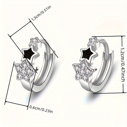 Fashion 925 Silver Plated Zirconia Black Enamel Star Ring Earrings Women's Casual Accessories