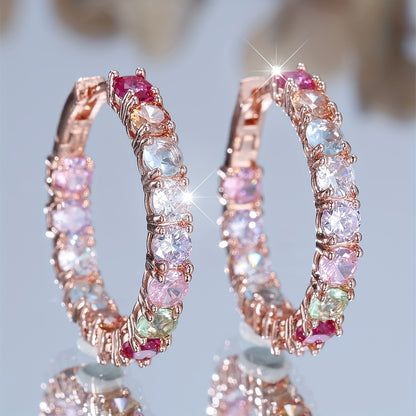 A pair of elegant bohemian rainbow full-ring earrings, suitable for women, with synthetic cubic Zirconia and copper bottom, suitable for parties and weddings, worn year-round.
