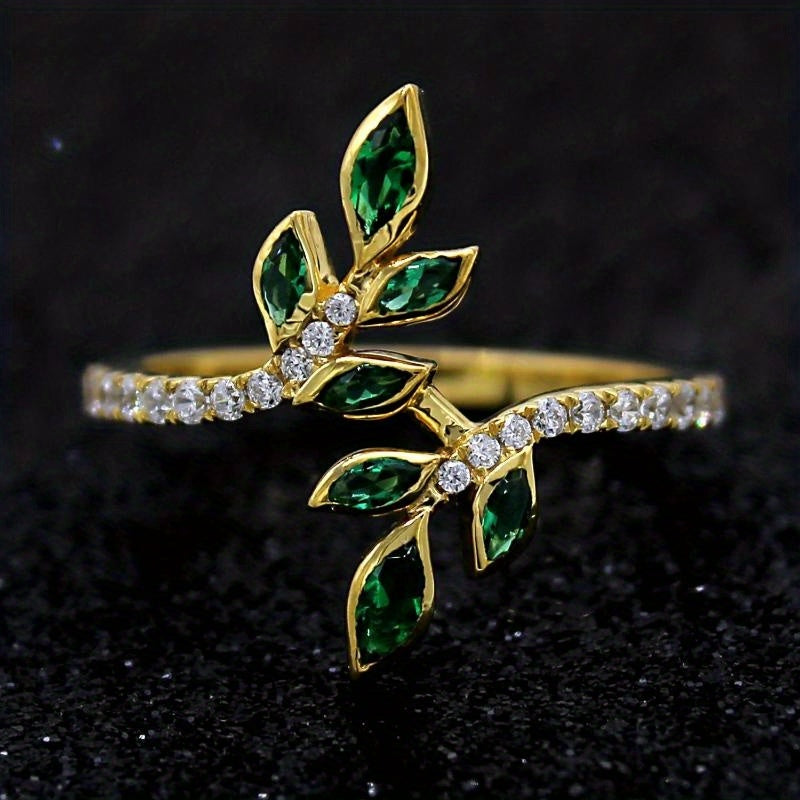 Ladies Fashion 18K Gold Plated Grandmother Green Leaf Ring - Perfect for Daily Wear and Party, Synthetic May Birthstone