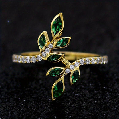 Ladies Fashion 18K Gold Plated Grandmother Green Leaf Ring - Perfect for Daily Wear and Party, Synthetic May Birthstone