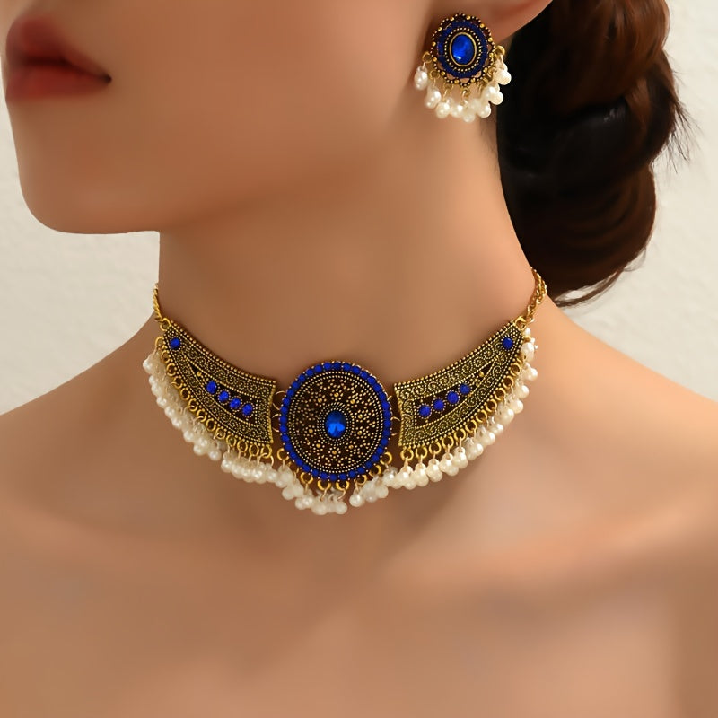 Bollywood Style 1 Pair Of Earrings + 1 Choker Vintage Jewelry Set Tribal Design 14k Gold Plated Inlaid Rhinestone Red Or Blue Make Your Call Match Daily Outfits